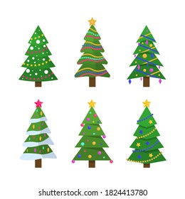 Collection of Christmas trees in flat design for greeting cards, invitations, banner, web designs. New Year and xmas traditional symbol tree with garlands, light bulb, star. Winter holiday. Vector.