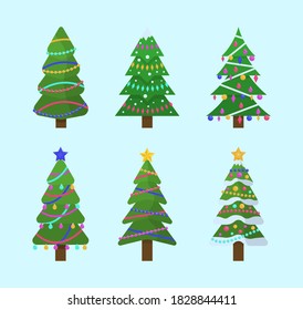Collection of Christmas trees in flat design for greeting cards, invitations, banner, web designs. New Year and xmas traditional symbol tree with garlands, light bulb, star. Winter holiday. Vector.