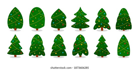 Collection of Christmas trees in flat simple style. Green fir-tree with garlands and colorful balls. Spruce traditional symbol New Year holiday. Element home decoration. Isolated vector illustration