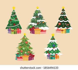 Collection of Christmas trees with gift box and snow.Template for design, greeting card, invitation.Vector illustration.Editable
