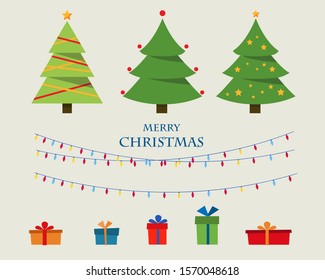 Collection of Christmas trees and gifts. For printed materials for flyers, posters, business cards, or for the web. Vector illustration