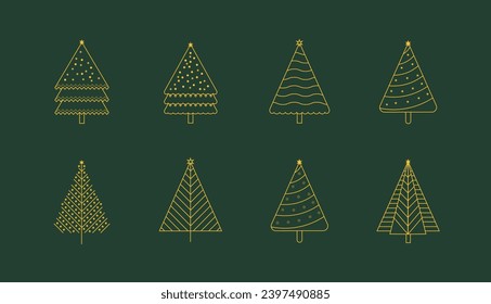 Collection of Christmas trees. golden geometric minimalist elements and icons. Happy new year and christmas