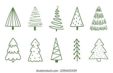 Collection of Christmas trees in green color. Hand drawn illustrations