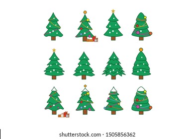 Collection of Christmas trees icons, modern flat design. Can be used for printed materials - leaflets, posters, business cards or for web on Christmas Holiday Event as cartoon background.