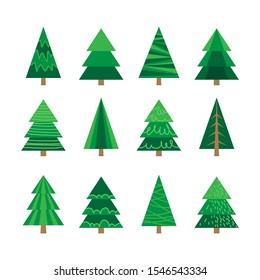 Collection of Christmas trees isolated on white background. Flat design. Holiday New Year or Christmas vector illustration. Design elements for leaflet, greeting card, poster, banner, booklet.