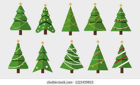 Collection of Christmas trees, modern flat design. Great for greeting card, banner, web design, poster elements.