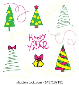 Collection of Christmas trees, modern flat design.  Happy new year-Doodle stile. Clip art.  Can be used for printed materials - leaflets, posters, business cards or for web. Vector.