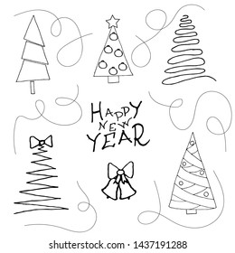 Collection of Christmas trees, modern flat design.  Happy new year-Doodle stile. Clip art.  Can be used for printed materials - leaflets, posters, business cards or for web. Vector.