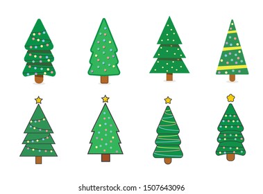Collection of Christmas trees, modern flat design. Different christmas tree set, vector illustration. Can be used for greeting card, invitation, banner, web design.