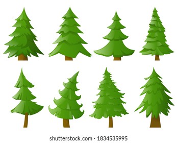 Collection of Christmas trees, modern flat design. New Year and Christmas tree traditional symbol. Winter colorful cartoon Christmas tree. Vector illustration 
