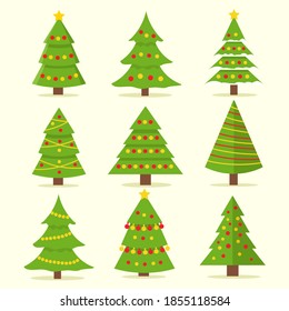 Collection of Christmas trees, modern flat design. Can be used for printed materials - leaflets, posters, business cards or for web.