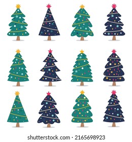 Collection of Christmas trees, modern flat design. Can be used for printed materials-posters, leaflets, business cards or for web