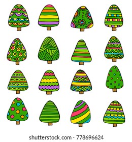 Collection of Christmas trees, modern flat design. Can be used for printed materials - leaflets, posters, business cards or for web. Doodle set for your web design.