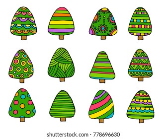 Collection of Christmas trees, modern flat design. Can be used for printed materials - leaflets, posters, business cards or for web. Doodle set for your web design.