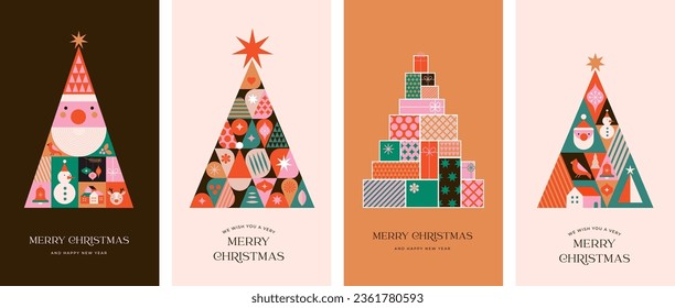 Collection of Christmas trees in modern minimalist geometric style. Colorful illustration in flat vector cartoon style. Xmas trees with geometrical patterns, stars and abstract elements