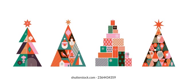 Collection of Christmas trees in modern minimalist geometric style. Colorful illustration in flat vector cartoon style. Xmas trees with geometrical patterns, stars and abstract elements