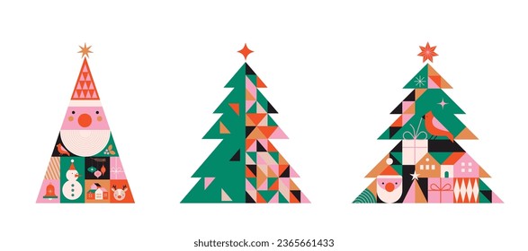 Collection of Christmas trees in modern minimalist geometric style. Colorful illustration in flat vector cartoon style. Xmas trees with geometrical patterns, stars and abstract elements