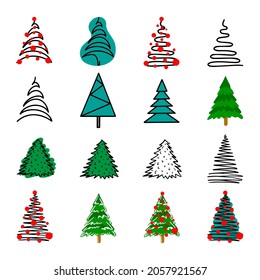 Colección de árboles de Navidad, arte vectorial moderno dibujado a mano y diseño de doodle. Puede utilizarse para materiales impresos - folletos, carteles, tarjetas de visita o para la web. Árboles felices de año nuevo para Santa Claus.