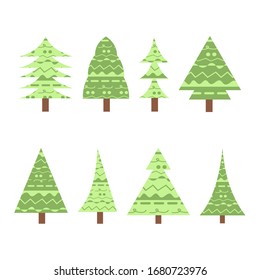Colección de árboles de Navidad sobre fondo blanco, ilustración vectorial para impresión, elementos de diseño