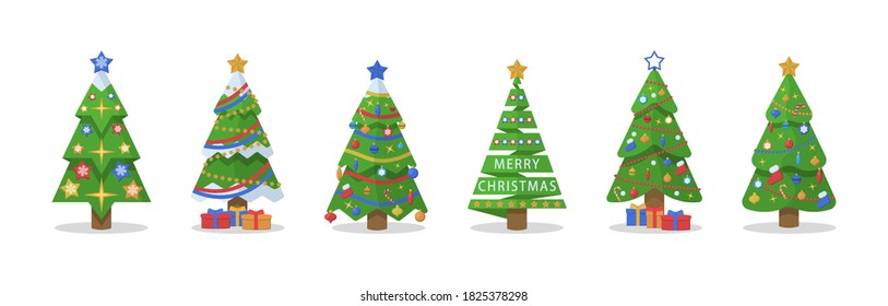 Collection of christmas trees on white background. Set of cartoon pines for greeting card, invitation,banner, web. Winter holiday. New Years and xmas traditional symbol tree with garlands, light bulb.