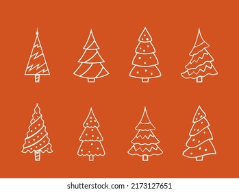 Collection of Christmas trees with outline. Vector set of flat Christmas trees for the holiday. Christmas trees for print and web design isolated on red  background