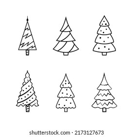 Collection of Christmas trees with outline. Vector set of flat Christmas trees for the holiday. Christmas trees for print and web design isolated on white background