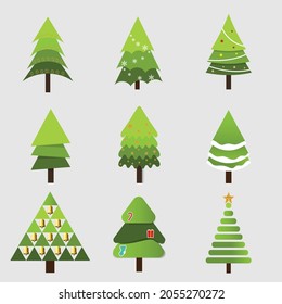 Collection of Christmas trees, pines for greeting card, invitation,banner, web. New Years and xmas traditional symbol tree with Winter holiday. Icons collection.