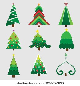 Collection of Christmas trees, pines for greeting card, invitation,banner, web. New Years and xmas traditional symbol tree with Winter holiday. Icons collection.