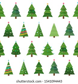 Collection of Christmas trees in a seamless pattern, modern flat design. Can be used for printed materials - leaflets, posters, business cards or for web.