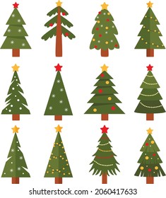 Sammlung von Weihnachtsbäumen.  Set einzeln auf weißem Hintergrund, modernes Flachdesign.