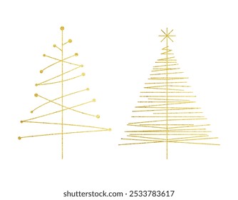 Collection of a Christmas trees shapes. Golden pine icon set. Hand drawn fir trees