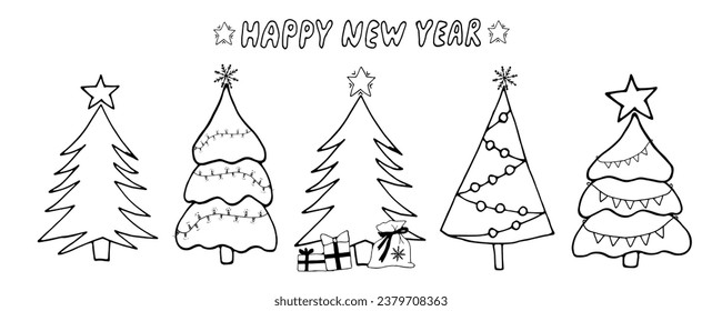 Collection of Christmas trees. Symbol of winter holidays. Happy New Year and Merry Christmas. Simple hand drawn doodle shape concept.For winter season cards, New Year posters and banners.