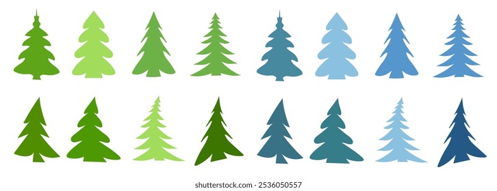 Una colección de árboles de Navidad en varias Formas y colores, sobre un fondo blanco. Ilustración vectorial