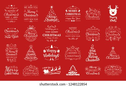 Collection of Christmas typography with decorations. Vector.