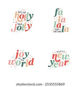 Collection of  Christmas typography  in different styles with holiday decoration elements.