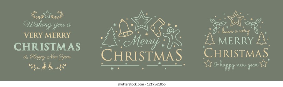 Collection of Christmas typography with ornaments. Vector.