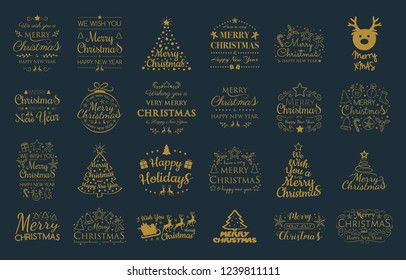 Collection of Christmas typography with ornaments. Vector.