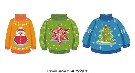 Colección de suéteres feos de Navidades con diseños de Santa, muñeco de nieve, estrella y árbol de Navidad. Ilustraciones coloridas sobre un fondo blanco. Perfecto para la moda de vacaciones de invierno.