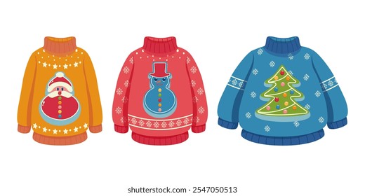 Collection of Christmas Ugly Sweaters with Santa, Snowman, and Christmas Tree Designs. Holiday Apparel Illustration for Festive Themes.