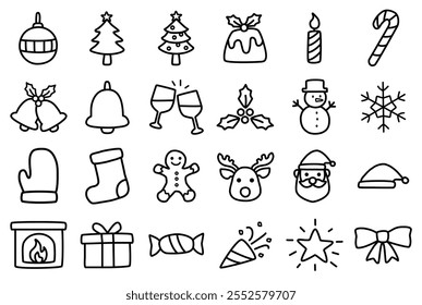 Coleção de ícones de ilustração de vetor de Natal no fundo branco no estilo desenhado à mão. Contém santa claus, veado, boneco de neve, árvore, presente, sinos jingle, gengibre homem, e muitas decorações