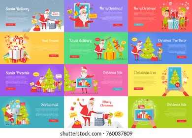 Collection of christmas vector illustration with Santa Claus reading letters, buying presents via the Internet and sending them. Colourful poster of pictures with Santa and gnome decorating xmas tree