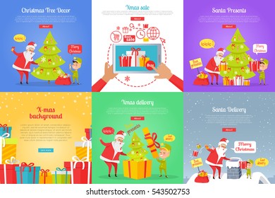 Collection of christmas vector illustrations with Santa Claus and gnome decorating xmas tree and throwing presents in chimney. Colourful poster with online buying gifts and sending spruce in box.
