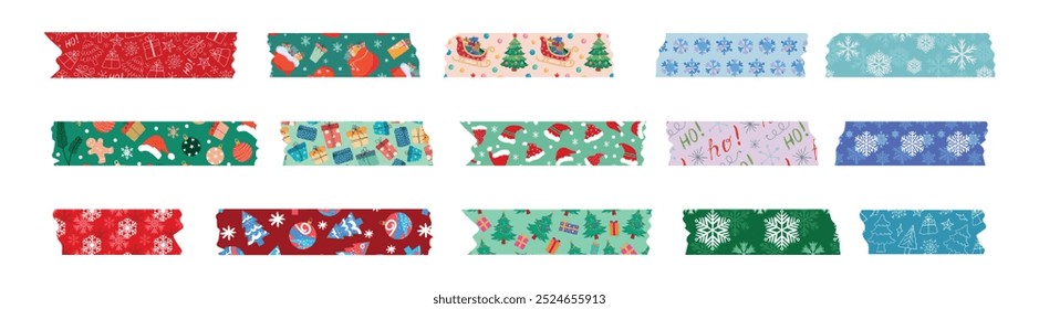 Collection of Christmas washi tapes. Colorful New Year strips for scrapbooking, sticky labels and decorative tape. Border elements, paper stickers