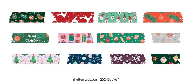 Collection of Christmas washi tapes. Colorful New Year strips for scrapbooking, sticky labels and decorative tape. Border elements. Vector.