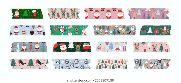 Collection of Christmas washi tapes. Colorful New Year stripes for scrapbooking, self-adhesive labels, New Year ribbon. Vector