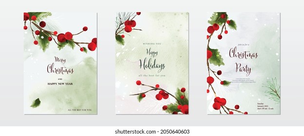 Collection of Christmas watercolor natural art background set. holly leaves and branches on snow falling with hand-painted watercolor. Suitable for cards design, New year invitations.