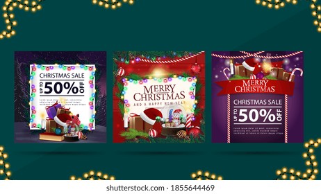 Collection of Christmas web elements. Christmas discount banner and Christmas greeting card with piles of presents