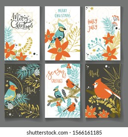 Collection of Christmas and winter cards with lettering and birds and plants, ready template, print and use