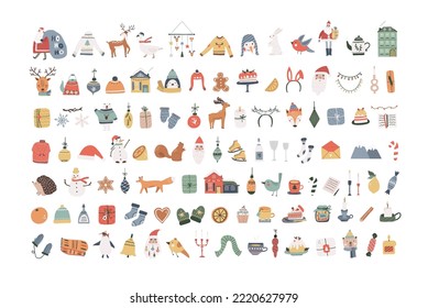 Collection of Christmas winter cute icons with Santa Claus, animals, candles, gift boxes, balls, snowman, home interior decor. Vector illustration in abstract doodle Scandinavian hand drawn flat style