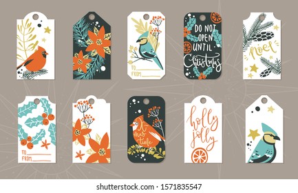 Collection of Christmas and winter gift tags with lettering and birds and plants, ready template, print and use